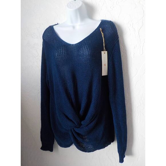 Woven Heart Women XL Blue Sweater V-Neck Front Twist Knot Loose Knit Long Sleeve - Picture 2 of 10